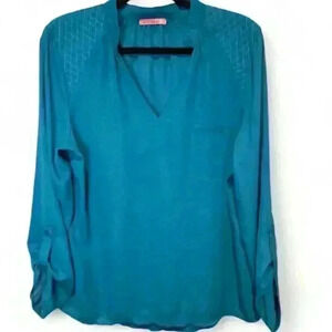 Pink Petal Women's V-Neck Long Sleeve Blouse Blue Size Medium